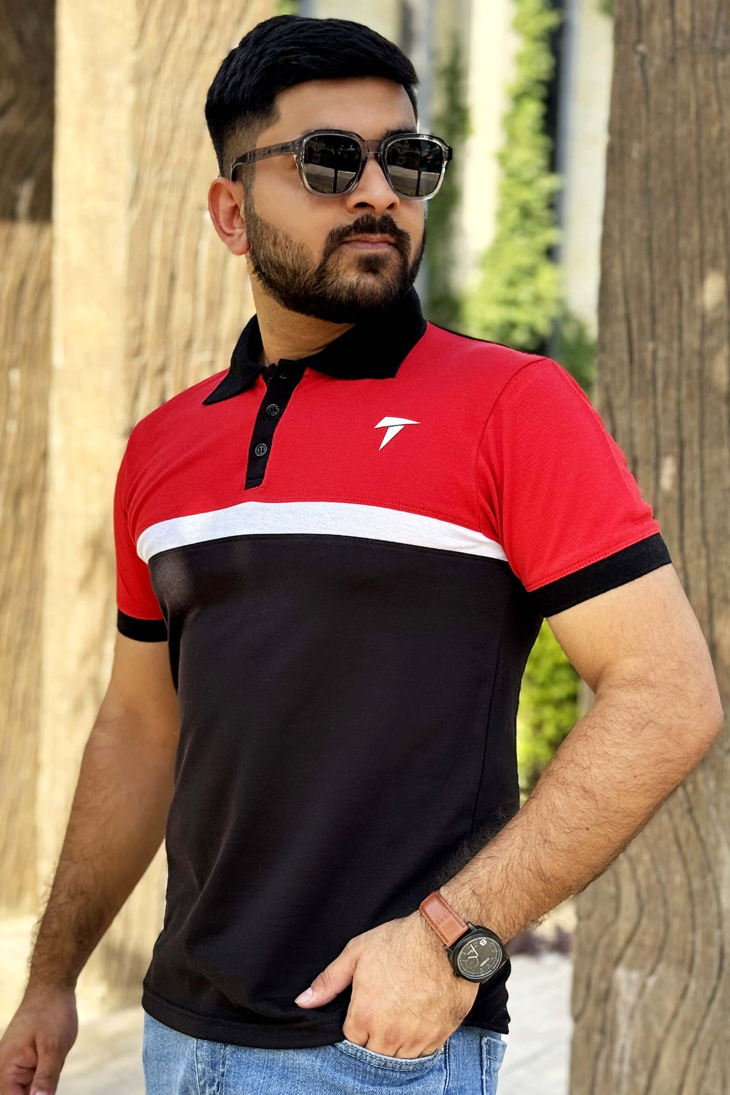 Black Red White Panel Polo